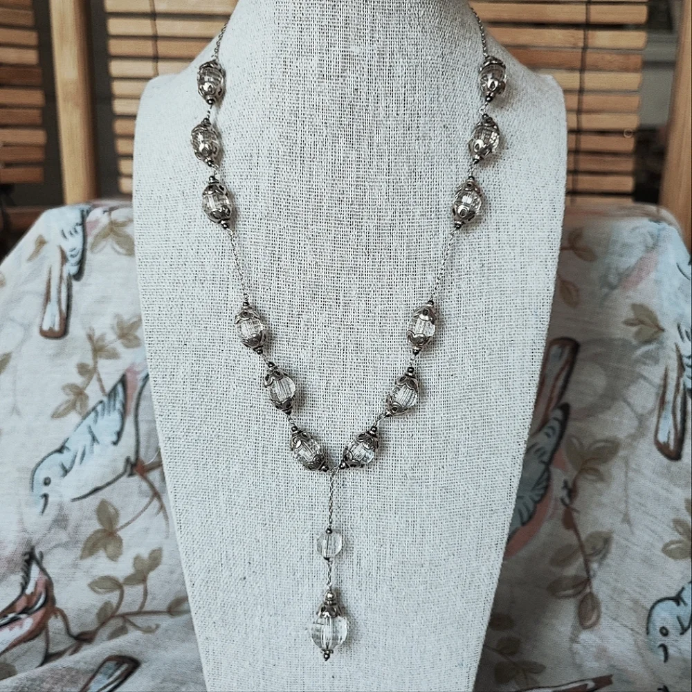 Vintage Rosary Clear Oval Faceted Glass Threaded Chain Silver Tone Necklace